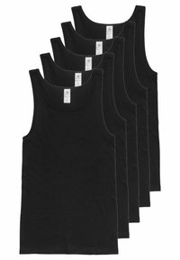 Five black cotton tank tops with a classic design and round neckline. Smooth texture and no visible patterns or accents.