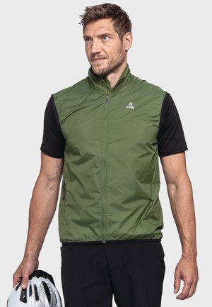 Grüne ärmellose Weste mit hohem Kragen, aus leichtem Material, mit einem Reißverschluss und einem kleinen Logo auf der Brust.