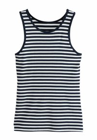 Débardeur sans manches à rayures horizontales noires et blanches côtelées avec un col rond.