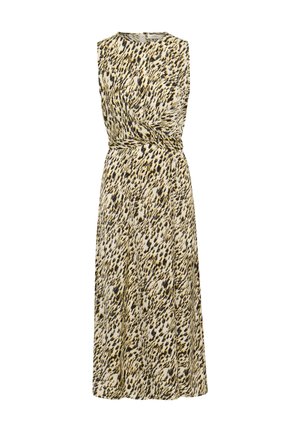 Hihaton mekko beigen ja mustan eläinkuosin yhdistelmässä, jossa on kietaisumalli, solmittu vyötärö ja virtaava hame. Sileä kangasten rakenne.