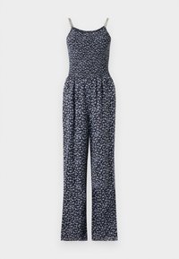 Jumpsuit floreale con corpetto arricciato, tessuto nero decorato con piccoli fiori blu e spalline in catena argentata. Silhouette a gamba larga.