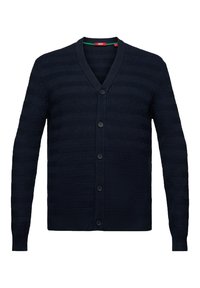 Cardigan en maille bleu marine foncé pour homme, à manches longues, col en V, avec cinq boutons noirs sur le devant.