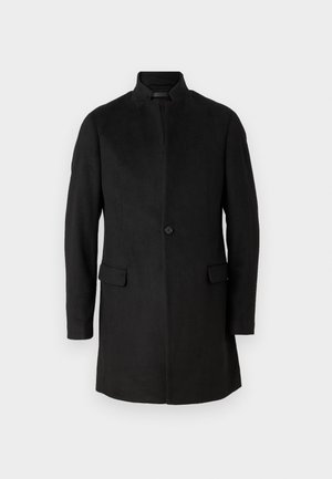 Black wool blend coat featuring a high collar, front button closure, and two side pockets. Tailored fit with a smooth texture.