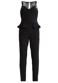 Mono negro con parte superior de encaje, cintura peplum y piernas ajustadas. Presenta un cierre con cremallera en la parte posterior y un intrincado detalle de encaje en el escote.