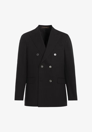 Blazer noir croisé en tissu lisse, avec un col à revers cranté, deux poches avant, et deux boutons métalliques brillants.