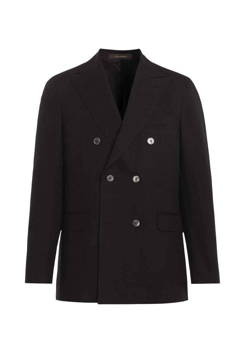 Czarna dwurzędowa marynarka z gładkiej tkaniny, z klapami z wycięciami, dwoma przednimi kieszeniami i dwoma błyszczącymi metalicznymi guzikami.