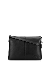 Borsa a tracolla in pelle nera con texture liscia, chiusura a zip e tracolla regolabile. Presenta un dettaglio logo in rilievo sul davanti.