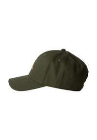 Grønn bomullsbasketcaps med buet skygge, brodert logo foran og ventilasjonsøyler på kronen.