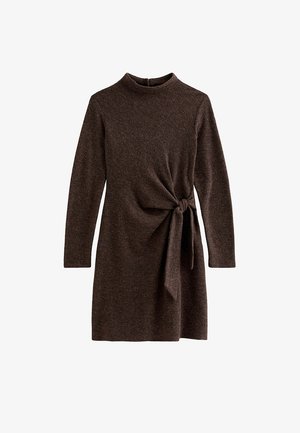 Bruine trui-jurk met lange mouwen, een hoge halslijn en een ceintuurdetail in de taille. Zachte textuur, mid-dij lengte en minimalistisch ontwerp.