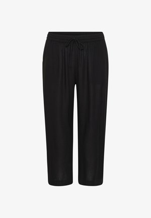 Pantalon noir ample et court avec taille élastique et cordon à nouer à l'avant, en tissu léger.