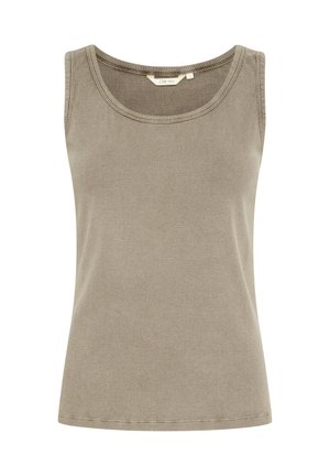 Ärmlös linne i en dämpad olivgrön färg. Ribbad textur, rund halsringning och en figurnära design. Enkla, rena linjer utan försköningar.