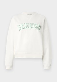 Valge lühendatud sweatshirthall, millel on ümar kaelus ja pikad varrukad. Ees on roheline broderi tekst "BARBOUR". Pehme tekstuur.
