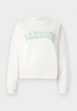 White cropped sweatshirt with crew neckline and long sleeves. Features "BARBOUR" text in green embroidery across the front. Soft texture.