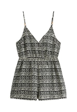 Jumpsuit à motifs noir et blanc avec décolleté en V, fines bretelles, taille élastique et bas évasé. Présente des designs géométriques sur l'ensemble.