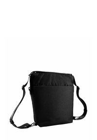 Borsa a tracolla nera realizzata in tessuto resistente, dotata di chiusura con zip, tracolla regolabile e tasca frontale. Texture liscia e design minimalista.