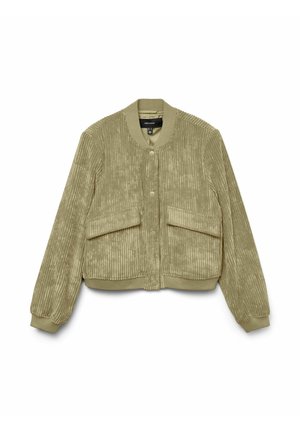 Khaki corduroy bomberjack met ribbeltextuur, drukknoopsluiting, twee voorkanten zakken en een fitted zoom en manchetten. Eenvoudige ronde halslijn.