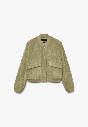 Khakifarbene Corduroy-Bomberjacke mit gerippter Textur, Druckknöpfen, zwei Fronttaschen sowie passgenauem Saum und Bündchen. Einfache runde Ausschnittform.