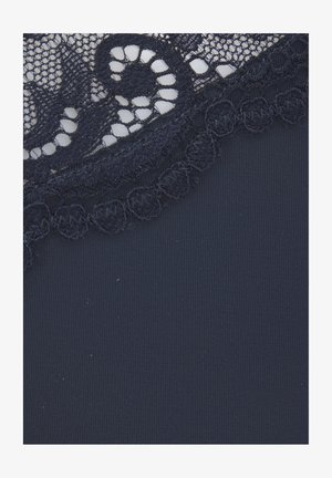 Navy fabric with intricate black lace detailing and a scalloped edge. Smooth texture with a slight sheen, highlighting the layered design.