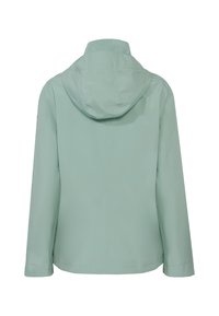 Veste imperméable vert clair avec une capuche, dos sans couture et manches longues. Texture lisse sans motifs ni quincaillerie visibles.