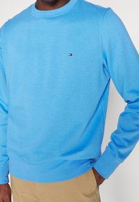 Světle modrý sweatshirt vyrobený z měkké tkaniny, s kulatým výstřihem a žebrovanými manžetami. Malý detail loga na levém prsu.