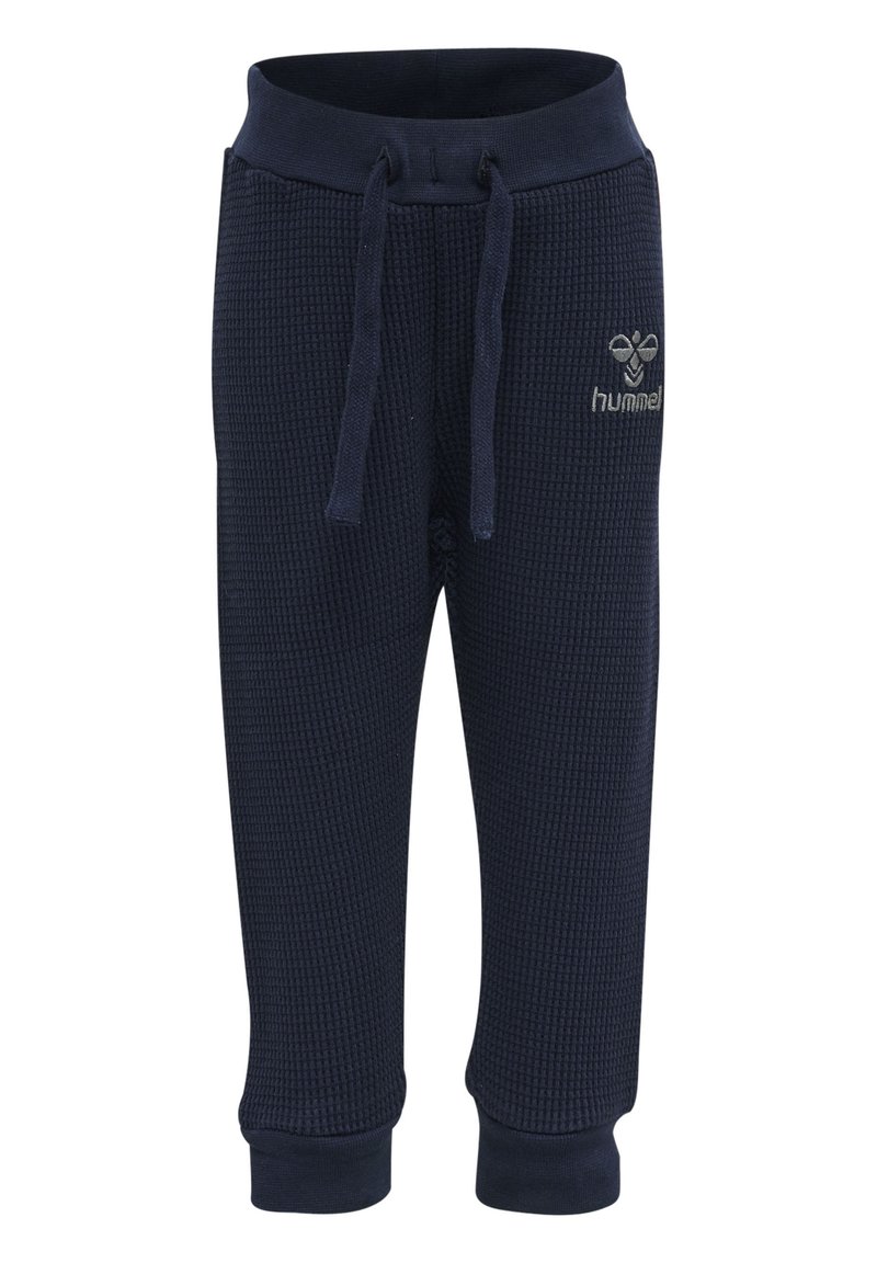 Marinefarbene Sweatpants mit Waffelstruktur, elastischem Bund, verstellbarem Kordelzug und gerippten Bündchen. Mit einem Logo auf der Vorderseite.