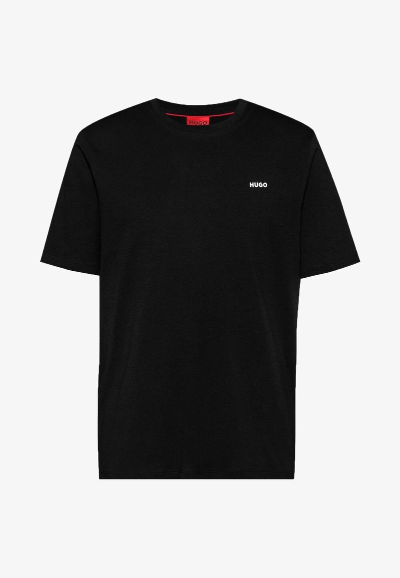T-shirt noir à manches courtes col rond avec petit logo blanc "HUGO" sur la poitrine gauche et détail rouge à l'intérieur du col.