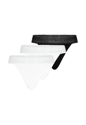 Three lace-trimmed bikini-style underwear in black and white, layered with black at the back and two white pairs in front.