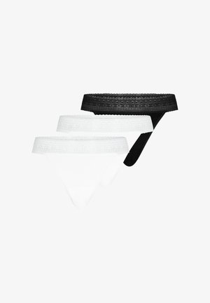 Three lace-trimmed bikini-style underwear in black and white, layered with black at the back and two white pairs in front.