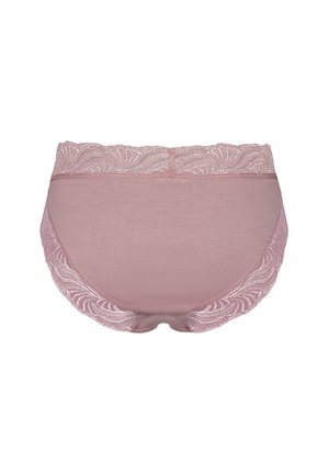 Roze ondergoed met kant, vervaardigd uit een zachte, gladde stof en een delicaat spiraalpatroon op de tailleband. Achteraanzicht weergegeven.