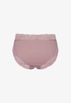 Růžové spodní prádlo zdobené krajkou, vyrobené z měkké a hladké tkaniny, s jemným vzorem ve tvaru spirály na pase. Zobrazená zadní část.