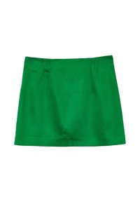 Mini gonna verde, in morbido satin, design sartoriale con pieghe frontali, orlo dritto e senza ulteriori dettagli decorativi.
