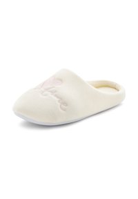 Crème kleurige slipper gemaakt van zachte stof, met een geborduurd roze hart en het woord "Tijd" op de bovenkant. Rondneus en een open achterkant.