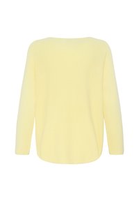 Pull jaune clair doux à manches longues avec une coupe ample et décontractée et un ourlet légèrement arrondi, vu de dos.