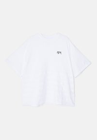 White oversized T-shirt made of cotton, featuring horizontal ribbed texture at the lower half and a black "ADR" logo on the chest.