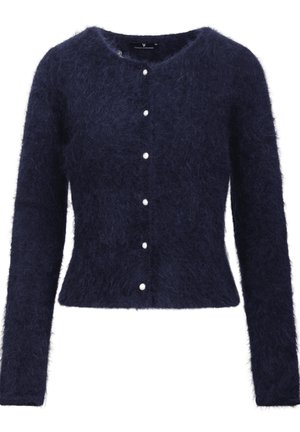 En mørkeblå cardigan laget av fluffy materiale, med lange ermer, rund halslinning og seks hvite knapper foran.