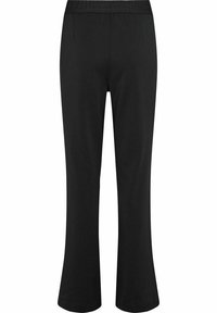 Pantalon noir à taille élastique avec jambe légèrement évasée, vu de dos sur un fond blanc.