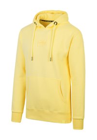 Gelbe Kapuzenjacke mit einer Fronttasche, gerippten Bündchen und Saum, mit einem dezenten Logo auf der Brust und Kordeln mit Metallspitzen.