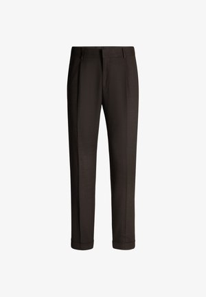 Zwarte op maat gemaakte broek met een gladde textuur, met een aansluitende taille, plooien en opgerolde manchetten. Het ontwerp biedt een klassieke Silhouet.
