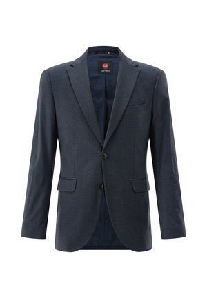 Dunkelgrauer Herren-Einreiher-Blazer mit Kerbkragen, zwei Knöpfen, Pattentaschen und einer Leistentasche auf der Brust, dargestellt auf weißem Hintergrund.