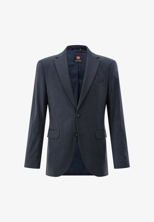 Dunkelgrauer Herren-Einreiher-Blazer mit Kerbkragen, zwei Knöpfen, Pattentaschen und einer Leistentasche auf der Brust, dargestellt auf weißem Hintergrund.