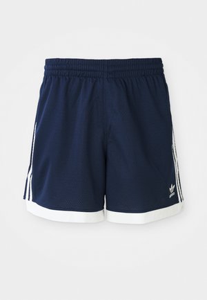 Námorníckomodré športové šortky Adidas s bielym lemovaním a tromi bielymi pruhmi na každej strane, elastický pás.
