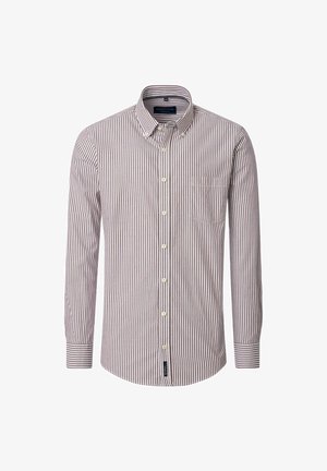 Langærmet skjorte med knapper i røde og hvide striber, lavet af bomuldsmateriale, har en brystlomme og en struktureret krave med kontraststikninger.