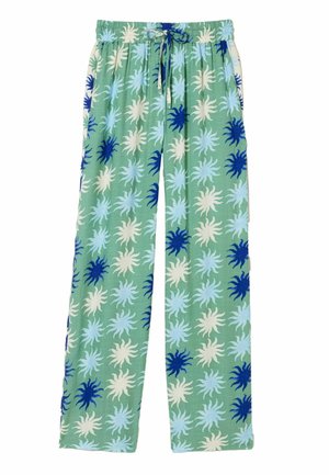 Zielone luźne spodnie z białym, jasnoniebieskim i ciemnoniebieskim wzorem promieni słonecznych oraz ściągaczem w pasie.