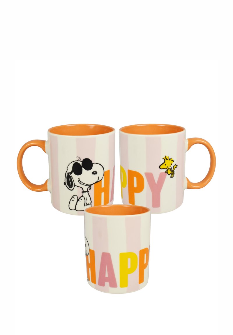 Ceramic mugs with orange interiors featuring Snoopy graphics and the word "HAPPY" in bold colors on a striped, white and pink background.