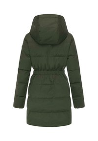 Chaqueta acolchada verde con capucha, que cuenta con una cintura ajustada, mangas largas y un patrón acolchado. Tejido suave y diseño de longitud media.
