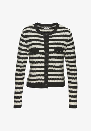 Mustavalkoinen raidallinen neuletakki pyöreällä kaula-aukolla, napituksella ja kahdella etutaskulla. Neulottu rakenne vaakasuuntaisilla kuvioilla.