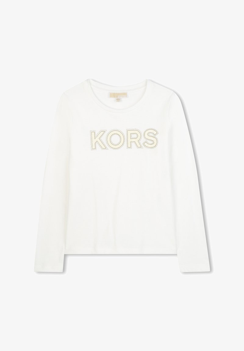 Λευκό μακρυμάνικο μπλουζάκι με την ένδειξη "KORS" από χρυσά στρας. Μαλακό βαμβακερό υλικό με στρογγυλή λαιμόκοψη και στενή εφαρμογή.