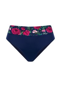 Dół od bikini z wysokim stanem w kolorze granatowym z paskiem w kwiatowy wzór, na którym widnieją różowe róże i zielone liście. Gładka faktura.