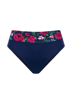 Dół od bikini z wysokim stanem w kolorze granatowym z paskiem w kwiatowy wzór, na którym widnieją różowe róże i zielone liście. Gładka faktura.
