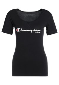 Svart bomullst-shirt med rundad halsringning och korta ärmar. Har en vit "Champion"-logotyp och texten "U.S.A." i en kontrasterande design.